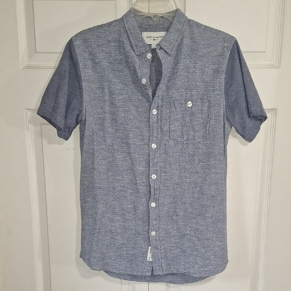 Modern Amusement Cotton Linen Short-Sleeve Button-Down Shirt - S - Gray Blue
